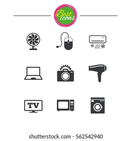 Home appliances, device icons. Electronics signs. Air conditioning, washing machine and ventilator symbols. Classic simple flat icons. Vector