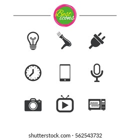 Home appliances, device icons. Electronics signs. Lamp, electrical plug and photo camera symbols. Classic simple flat icons. Vector