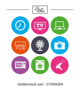Home appliances, device icons. Electronics signs. Air conditioning, washing machine and microwave oven symbols. Classic simple flat icons. Vector