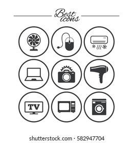Home appliances, device icons. Electronics signs. Air conditioning, washing machine and ventilator symbols. Classic simple flat icons. Vector