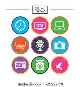 Home appliances, device icons. Electronics signs. Air conditioning, washing machine and microwave oven symbols. Classic simple flat icons. Vector