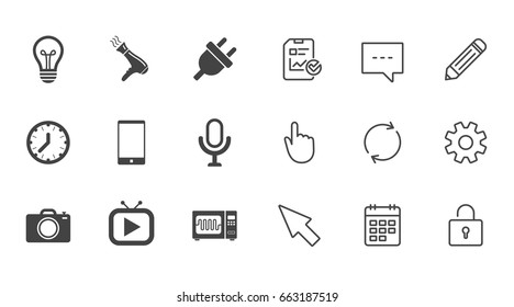 Home appliances, device icons. Electronics signs. Lamp, electrical plug and photo camera symbols. Chat, Report and Calendar line signs. Service, Pencil and Locker icons. Click, Rotation and Cursor