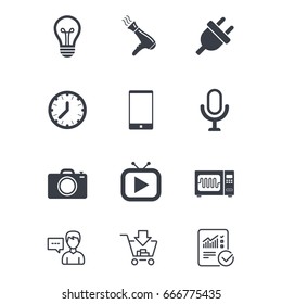 Home appliances, device icons. Electronics signs. Lamp, electrical plug and photo camera symbols. Customer service, Shopping cart and Report line signs. Online shopping and Statistics. Vector