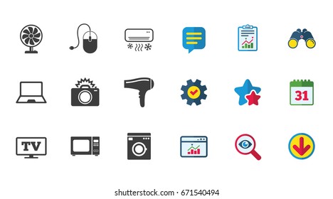 Home appliances, device icons. Electronics signs. Air conditioning, washing machine and ventilator symbols. Calendar, Report and Download signs. Stars, Service and Search icons. Vector