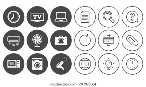 Home appliances, device icons. Electronics signs. Air conditioning, washing machine and microwave oven symbols. Document, Globe and Clock line signs. Lamp, Magnifier and Paper clip icons. Vector