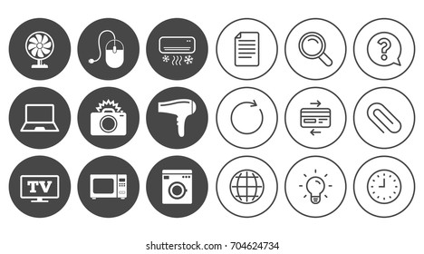 Home appliances, device icons. Electronics signs. Air conditioning, washing machine and ventilator symbols. Document, Globe and Clock line signs. Lamp, Magnifier and Paper clip icons. Vector