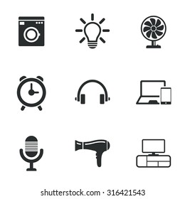 Home appliances, device icons. Ventilator sign. Hairdryer, washing machine and lamp symbols. Flat icons on white. Vector