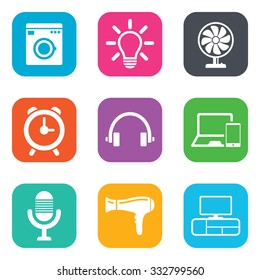 Home appliances, device icons. Ventilator sign. Hairdryer, washing machine and lamp symbols. Flat square buttons. Vector