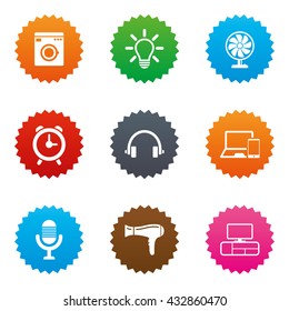 Home appliances, device icons. Ventilator sign. Hairdryer, washing machine and lamp symbols. Stars label button with flat icons. Vector