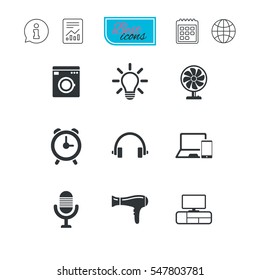 Home appliances, device icons. Ventilator sign. Hairdryer, washing machine and lamp symbols. Report document, calendar and information web icons. Vector