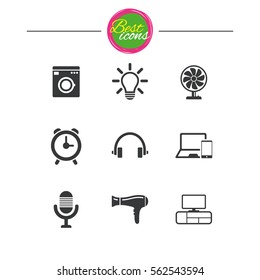 Home appliances, device icons. Ventilator sign. Hairdryer, washing machine and lamp symbols. Classic simple flat icons. Vector