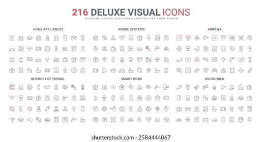 Home appliances, digital system and furniture for household, arrow pointer and cursor line icon set. IOT and settings of gadget of apartment thin black and red outline symbols vector illustration