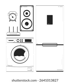 Home appliances doodle linear objects set. Fridge, washing machine, router, speaker, alarm clock 2D vector outline clip arts drawings isolated on white. Hand drawn sketch illustrations collection