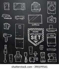 Home appliances doodle set. Vector illustration. Household equipment and facilities isolated on black background.