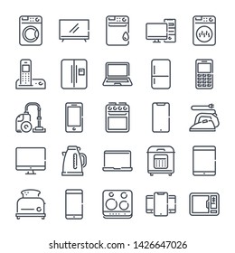 Home appliances and Electronic devices related line icon set. Online shop category linear icons. Kitchen appliances, laptop, hardware and tablet outline vector signs and symbols collection.