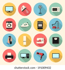 Home Appliances And Electronics Colorful Flat Style Icons Set. Template Elements For Web And Mobile Applications