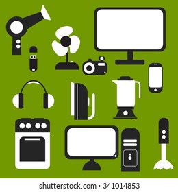 Home appliances and electronics flat icons set