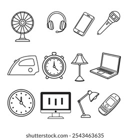  Home Appliances And Electronics Icon Set 12.Table  fan ,Head phone, smart phone, Iron, table clock , table lamp, Laptop, Monitor etc. with white background 