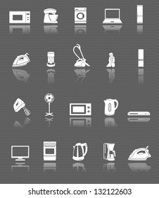home appliances and electronics vector web icons set with reflection on dark background
