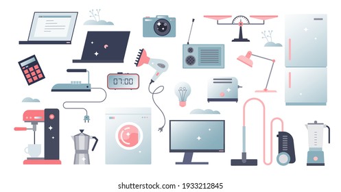 Home appliances elements with electrical household gadgets items tiny set collection. House washing, cleaning and kitchen electronics equipment group collage with isolated objects vector illustration.