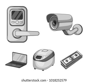 Home appliances and equipment monochrome icons in set collection for design.Modern household appliances vector symbol stock web illustration.