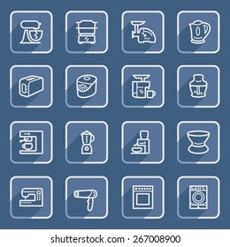 Home appliances flat contour icons with blue buttons.