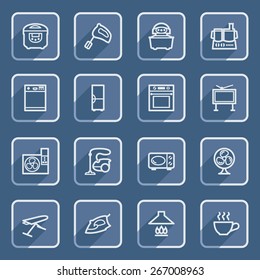 Home appliances flat contour icons with blue buttons.