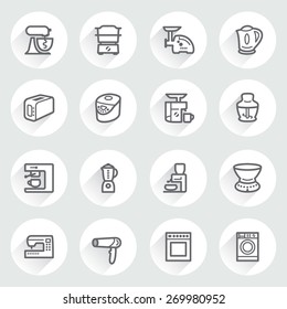 Home appliances flat contour icons on gray background.