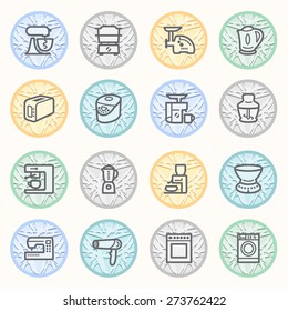 Home appliances flat contour icons on color buttons.