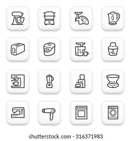 Home appliances flat contour icons on white buttons.