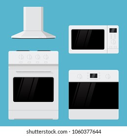 Home appliances. Flat design. Kitchen range, oven, microwave oven and air vent hood. Vector illustration on blue background