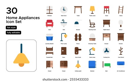 Home Appliances Flat Icon Set: Kitchen Gadgets, Cleaning Equipment, and Home Technology Icons