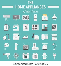 Home appliances flat icon set, technology symbols collection, vector sketches, logo illustrations, household colorful solid pictograms package isolated on white background, eps 10.