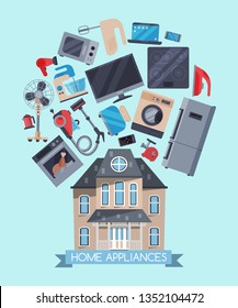 Home appliances flat illustration vector concept. Modern technology house with electric equipment. Domestic appliance automation device.
