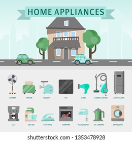 Home appliances flat illustration vector concept. Modern technology house with electric equipment. Domestic appliance automation device.