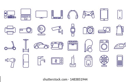 Home appliances and gadgets icons set isolated on white background. Vector illustration. Icons for home appliance and electronics store website.