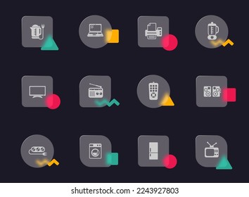 home appliances glass morphism trendy style icons. home appliances transparent glass vector icons with color memphis figures. for web and ui design, mobile apps and promo business advertising