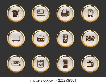 home appliances gold-rimmed vector icons on dark background. home appliances icons in gold frame for web, mobile and ui design