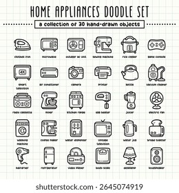 Home appliances hand-drawn doodle art illustrations and elements. felt-tip pen marker style on grid paper, great for various creative design uses.