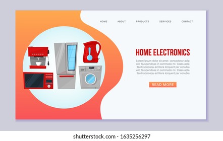 Home appliances and household and electronics vector website template. Illustration of coffee machine, refrigerator, microwave to online order via computer. Home appliances. Kitchen equipment.