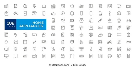 Electrodomésticos y artículos para el hogar línea simple conjunto de iconos. Iconos editables. Iconos para el Sitio web. Iconos de hogar, muebles, utensilios de cocina, electrodomésticos e iconos de electrónica