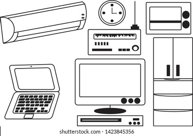 
Home appliances Household kitchenware set, microwave and electric oven, refrigerator, notebook, watch, TV, radio player. Vector isolated on white