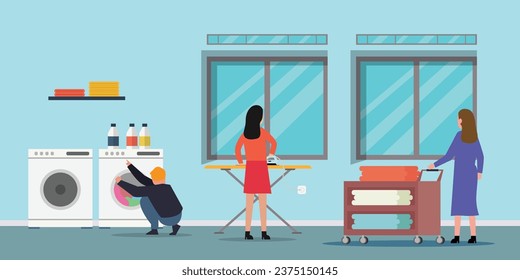 Home appliances and housekeeping. Process of loading washing machine 2d vector illustration concept for banner, website, landing page, flyer, etc