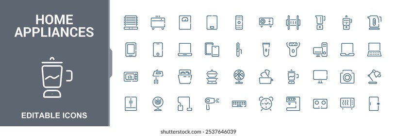 Home Appliances icon set. Contains related to machine, household, vacuum, household appliances, dishwasher and more. Perfect for logos and infographics. Editable stroke. Vector illustration.