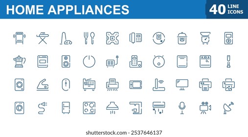 Home Appliances icon set. Contains related to machine, household, vacuum, household appliances, dishwasher and more. Perfect for logos and infographics. Editable stroke. Vector illustration.