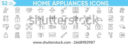 Home Appliances icon set. Editable stroke. washing machine, kitchen appliance, vacuum cleaner, refrigerator, TV and more. Vector illustration.