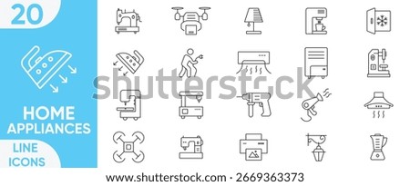 Home Appliances icon set. Editable stroke. washing machine, kitchen appliance, vacuum cleaner, refrigerator, TV and more. Vector illustration.