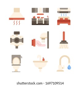 Icono de electrodomésticos = extractor, cocina, dormitorio, cámara, secadora de mano, escoba, baño, fregadero