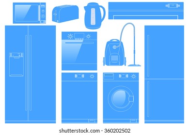 Home appliances icon. Set of household kitchen technics: Microwave and Oven, Dishwasher, Vacuum cleaner, refrigerator, split-system, washing machine, kettle, Vector isolated on white background