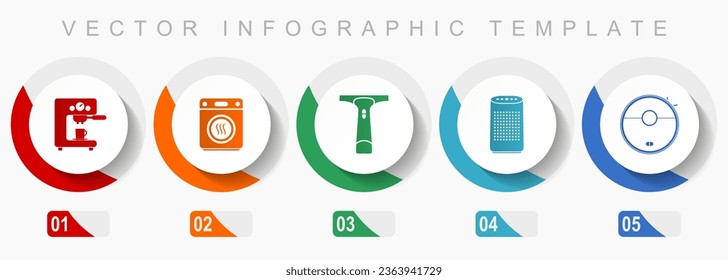 Home appliances icon set, miscellaneous icons such as coffe maker, dryer, window cleaner and vacuum cleaner, flat design vector infographic template, web buttons in 5 color options